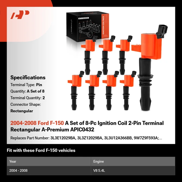 2004-2008 Ford F-150 A Set of 8-Pc Ignition Coil 2-Pin Terminal Rectangular A-Premium APIC0432