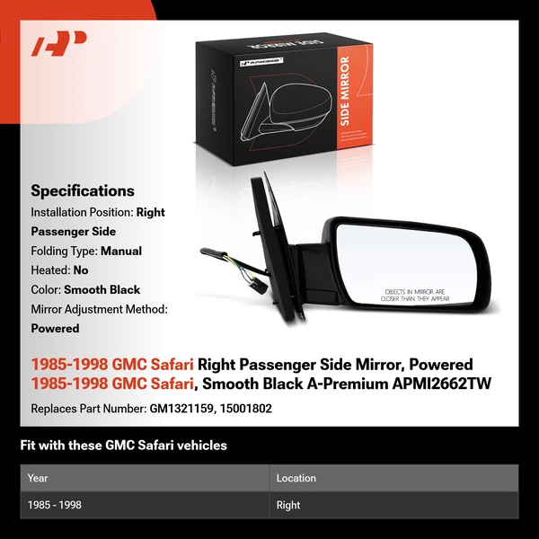1985-1998 GMC Safari Right Passenger Side Mirror, Powered 1985-1998 GMC Safari, Smooth Black A-Premium APMI2662TW