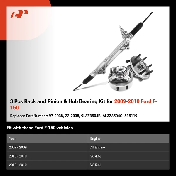 3 Pcs Rack and Pinion & Hub Bearing Kit for 2009-2010 Ford F-150