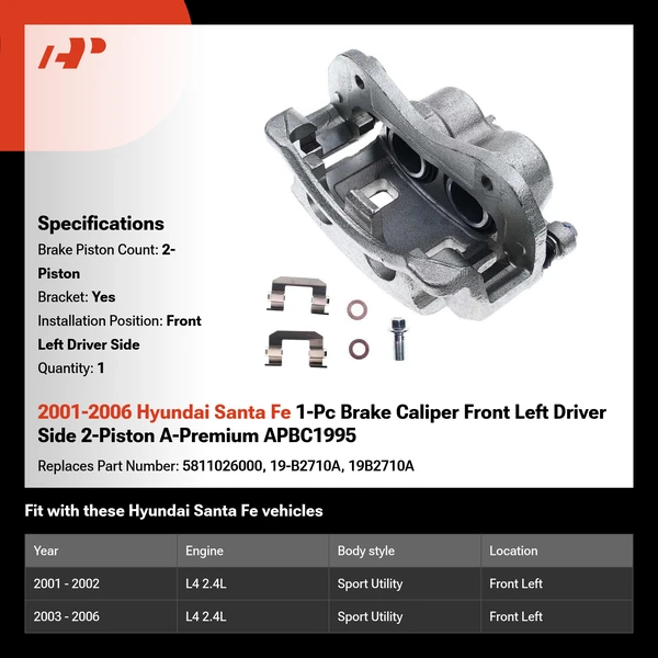 2001-2006 Hyundai Santa Fe 1-Pc Brake Caliper Front Left Driver Side 2-Piston A-Premium APBC1995