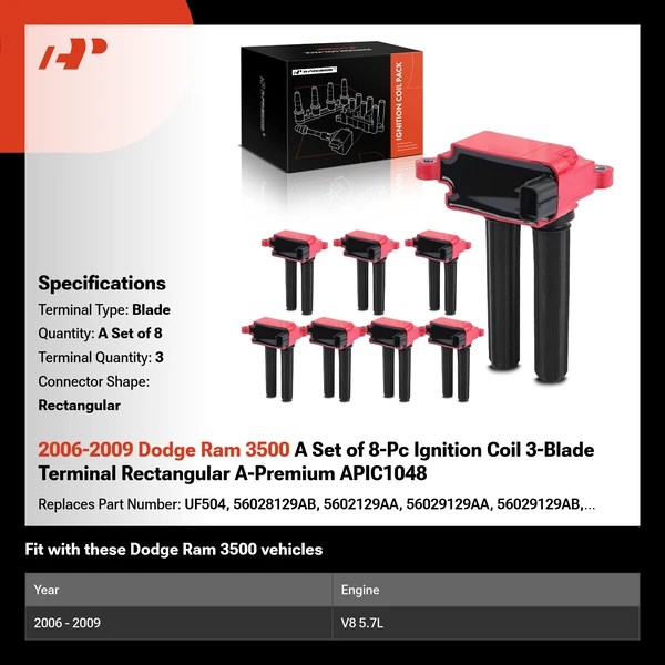 2006-2009 Dodge Ram 3500 A Set of 8-Pc Ignition Coil 3-Blade Terminal Rectangular A-Premium APIC1048