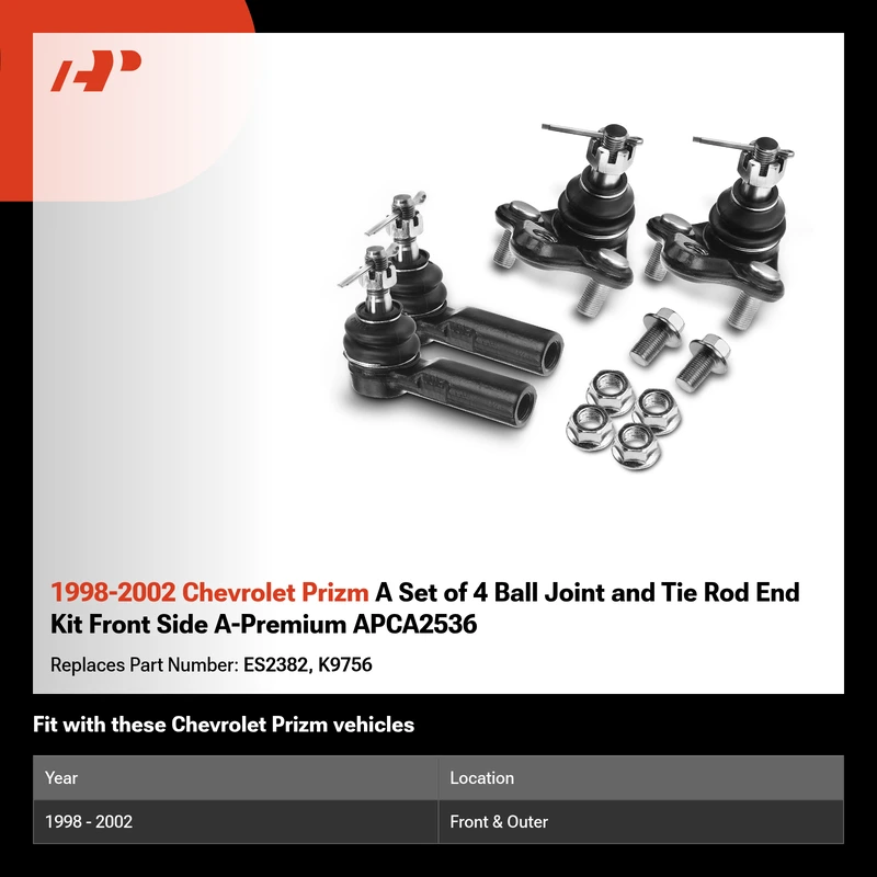 1998-2002 Chevrolet Prizm A Set of 4 Ball Joint and Tie Rod End Kit Front Side A-Premium APCA2536