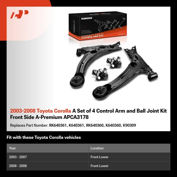 2003-2008 Toyota Corolla A Set of 4 Control Arm and Ball Joint Kit Front Side A-Premium APCA3178