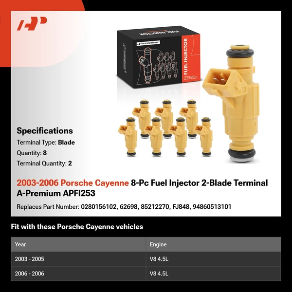 2003-2006 Porsche Cayenne 8-Pc Fuel Injector 2-Blade Terminal A-Premium APFI253