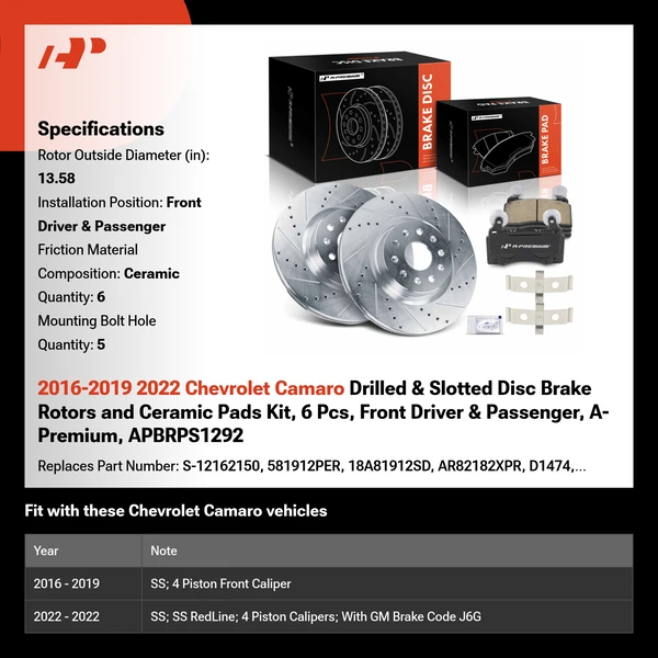 2016-2019 2022 Chevrolet Camaro Drilled & Slotted Disc Brake Rotors and Ceramic Pads Kit, 6 Pcs, Front Driver & Passenger, A-Premium, APBRPS1292