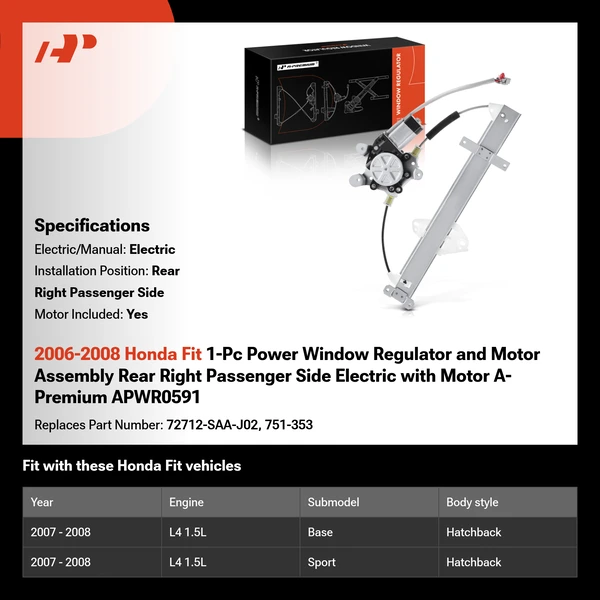 2006-2008 Honda Fit 1-Pc Power Window Regulator and Motor Assembly Rear Right Passenger Side Electric with Motor A-Premium APWR0591