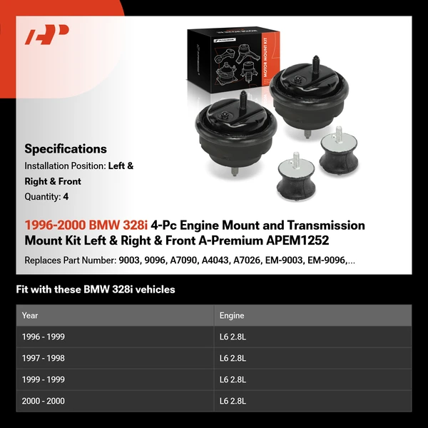 1996-2000 BMW 328i 4-Pc Engine Mount and Transmission Mount Kit Left & Right & Front A-Premium APEM1252