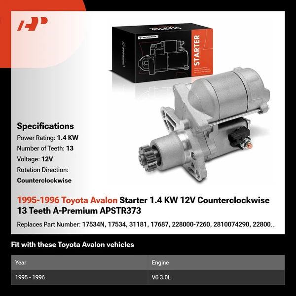 1995-1996 Toyota Avalon Starter 1.4 KW 12V Counterclockwise 13 Teeth A-Premium APSTR373