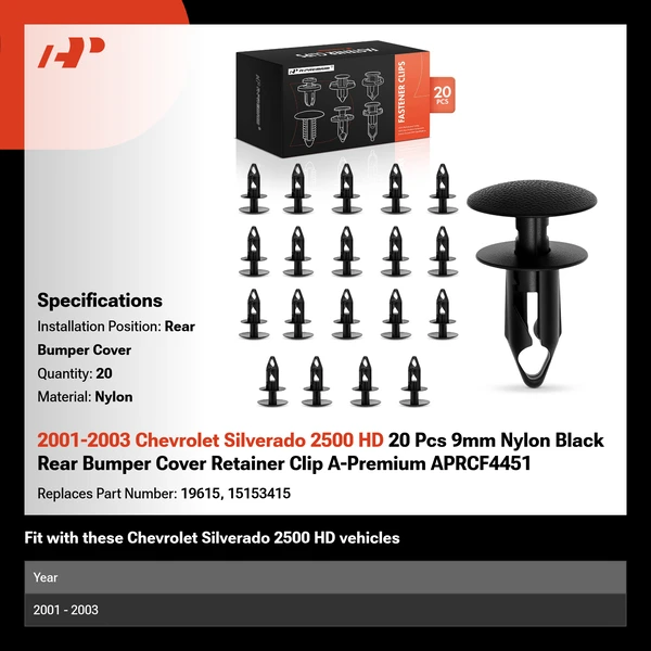 2001-2003 Chevrolet Silverado 2500 HD 20 Pcs 9mm Nylon Black Rear Bumper Cover Retainer Clip A-Premium APRCF4451