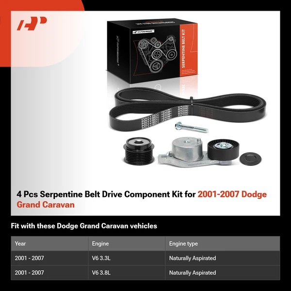 4 Pcs Serpentine Belt Drive Component Kit for 2001-2007 Dodge Grand Caravan