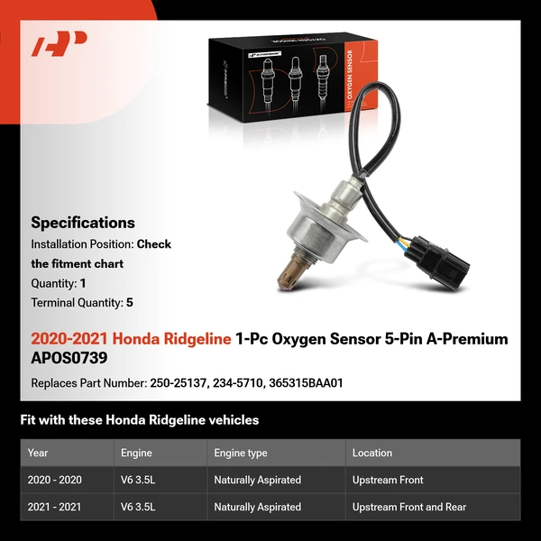 2020-2021 Honda Ridgeline 1-Pc Oxygen Sensor 5-Pin A-Premium APOS0739