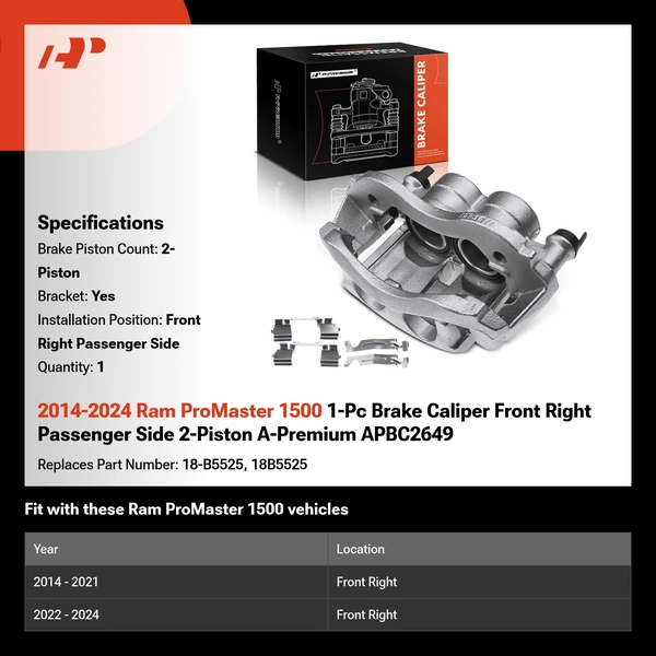 2014-2024 Ram ProMaster 1500 1-Pc Brake Caliper Front Right Passenger Side 2-Piston A-Premium APBC2649