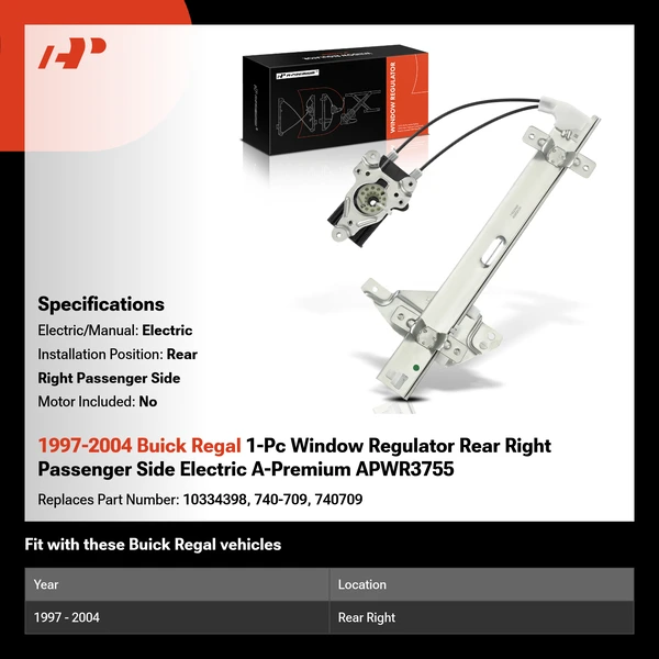 1997-2004 Buick Regal 1-Pc Window Regulator Rear Right Passenger Side Electric A-Premium APWR3755