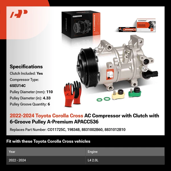 2022-2024 Toyota Corolla Cross AC Compressor with Clutch with 6-Groove Pulley A-Premium APACC536