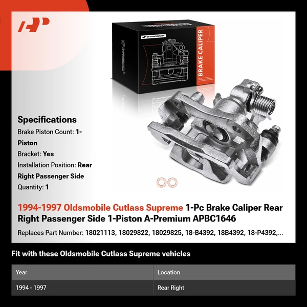 1994-1997 Oldsmobile Cutlass Supreme 1-Pc Brake Caliper Rear Right Passenger Side 1-Piston A-Premium APBC1646