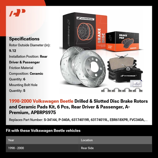 1998-2000 Volkswagen Beetle Drilled & Slotted Disc Brake Rotors and Ceramic Pads Kit, 6 Pcs, Rear Driver & Passenger, A-Premium, APBRPS975