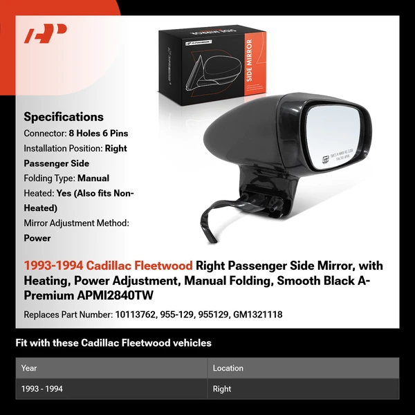 1993-1994 Cadillac Fleetwood Right Passenger Side Mirror, with Heating, Power Adjustment, Manual Folding, Smooth Black A-Premium APMI2840TW