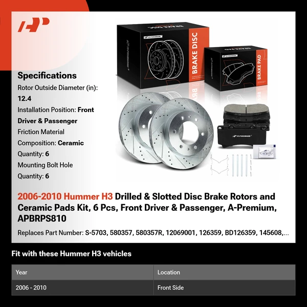 2006-2010 Hummer H3 Drilled & Slotted Disc Brake Rotors and Ceramic Pads Kit, 6 Pcs, Front Driver & Passenger, A-Premium, APBRPS810
