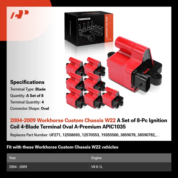 2004-2009 Workhorse Custom Chassis W22 A Set of 8-Pc Ignition Coil 4-Blade Terminal Oval A-Premium APIC1035