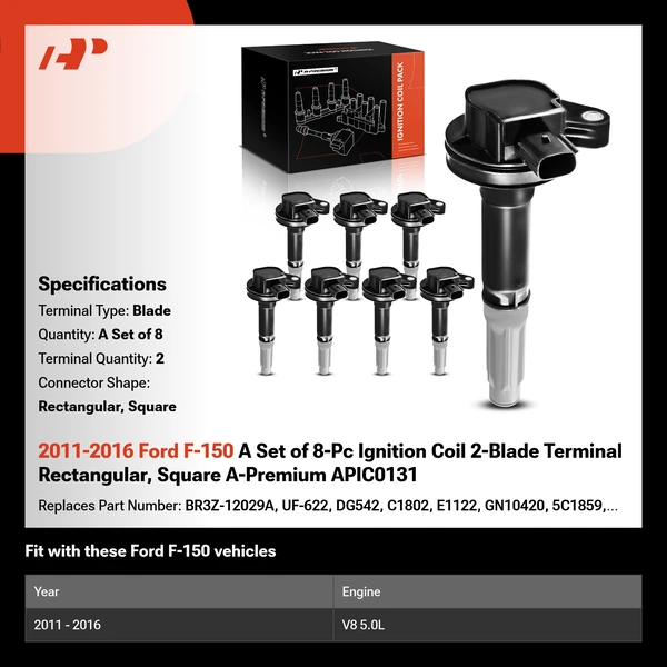 2011-2016 Ford F-150 A Set of 8-Pc Ignition Coil 2-Blade Terminal Rectangular, Square A-Premium APIC0131