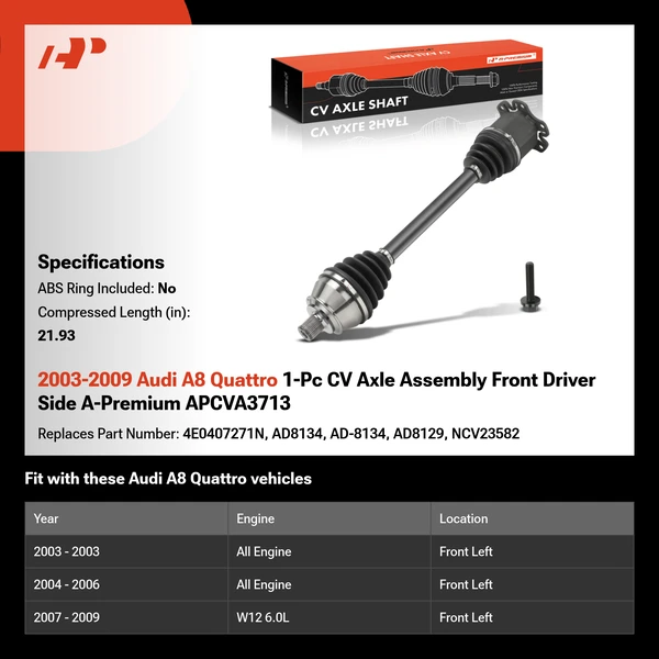 2003-2009 Audi A8 Quattro 1-Pc CV Axle Assembly Front Driver Side A-Premium APCVA3713