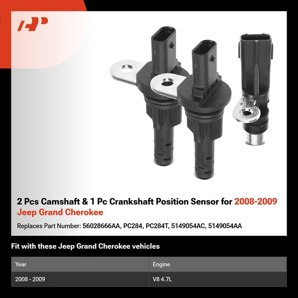 2 Pcs Camshaft & 1 Pc Crankshaft Position Sensor for 2008-2009 Jeep Grand Cherokee