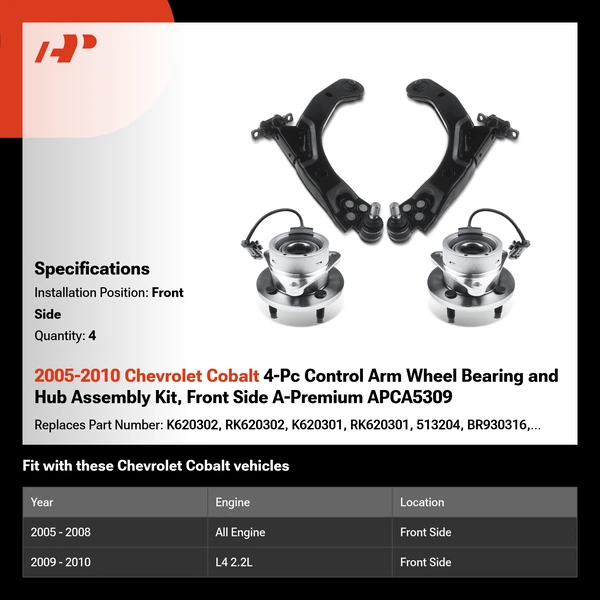 2005-2010 Chevrolet Cobalt 4-Pc Control Arm Wheel Bearing and Hub Assembly Kit, Front Side A-Premium APCA5309