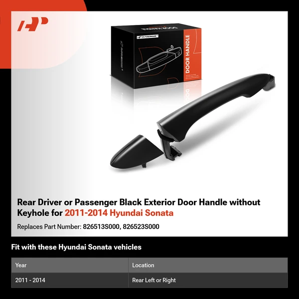 Rear Driver or Passenger Black Exterior Door Handle without Keyhole for 2011-2014 Hyundai Sonata