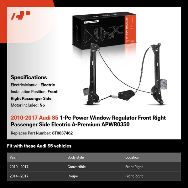 2010-2017 Audi S5 1-Pc Power Window Regulator Front Right Passenger Side Electric A-Premium APWR0350