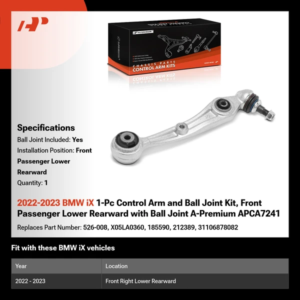 2022-2023 BMW iX 1-Pc Control Arm and Ball Joint Kit, Front Passenger Lower Rearward with Ball Joint A-Premium APCA7241