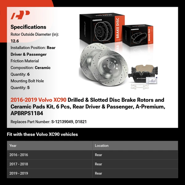 2016-2019 Volvo XC90 Drilled & Slotted Disc Brake Rotors and Ceramic Pads Kit, 6 Pcs, Rear Driver & Passenger, A-Premium, APBRPS1184