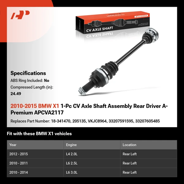2010-2015 BMW X1 1-Pc CV Axle Shaft Assembly Rear Driver A-Premium APCVA2117