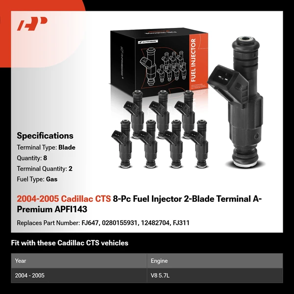 2004-2005 Cadillac CTS 8-Pc Fuel Injector 2-Blade Terminal A-Premium APFI143