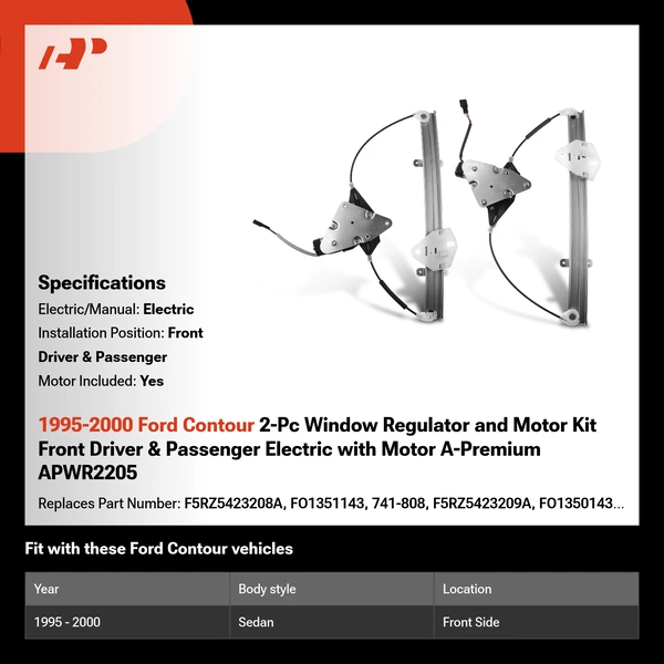 1995-2000 Ford Contour 2-Pc Window Regulator and Motor Kit Front Driver & Passenger Electric with Motor A-Premium APWR2205