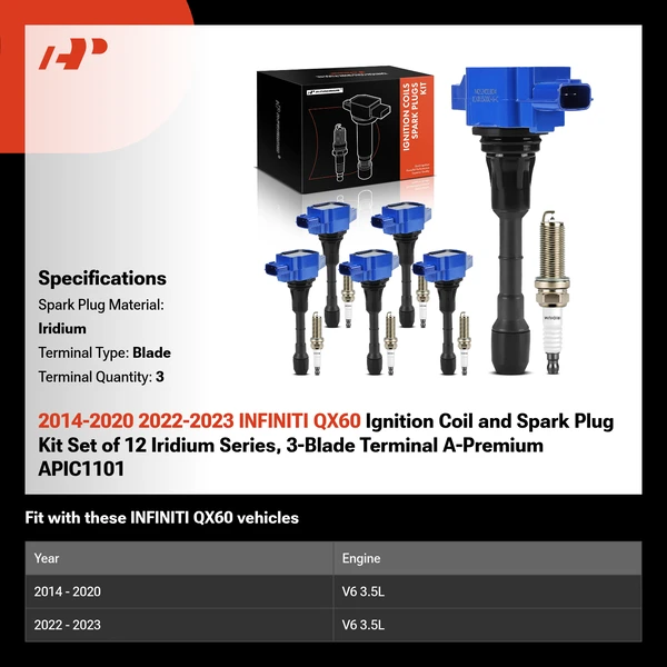 2014-2020 2022-2023 INFINITI QX60 Ignition Coil and Spark Plug Kit Set of 12 Iridium Series, 3-Blade Terminal A-Premium APIC1101