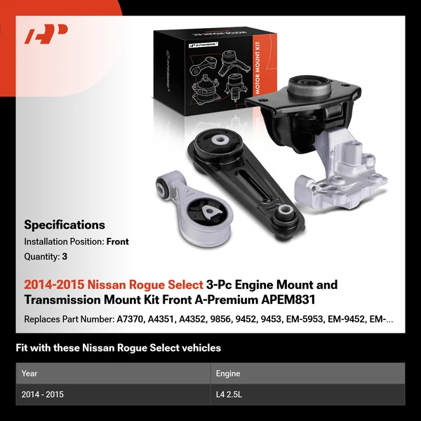2014-2015 Nissan Rogue Select 3-Pc Engine Mount and Transmission Mount Kit Front A-Premium APEM831
