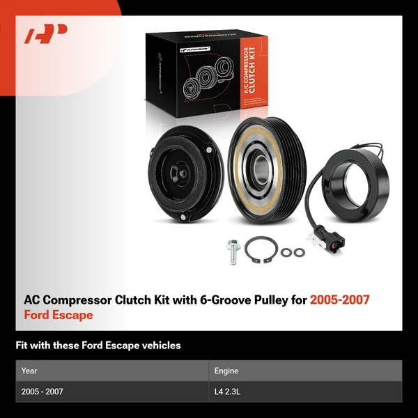 AC Compressor Clutch Kit with 6-Groove Pulley for 2005-2007 Ford Escape