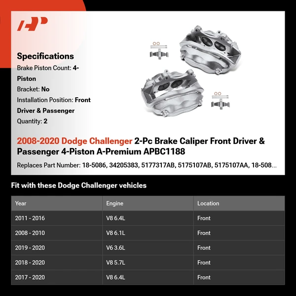 2008-2020 Dodge Challenger 2-Pc Brake Caliper Front Driver & Passenger 4-Piston A-Premium APBC1188