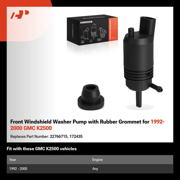 Front Windshield Washer Pump with Rubber Grommet for 1992-2000 GMC K2500