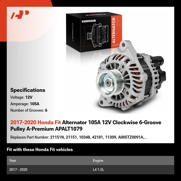 2017-2020 Honda Fit Alternator 105A 12V Clockwise 6-Groove Pulley A-Premium APALT1079