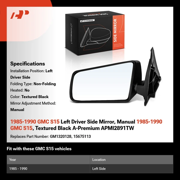 1985-1990 GMC S15 Left Driver Side Mirror, Manual 1985-1990 GMC S15, Textured Black A-Premium APMI2891TW