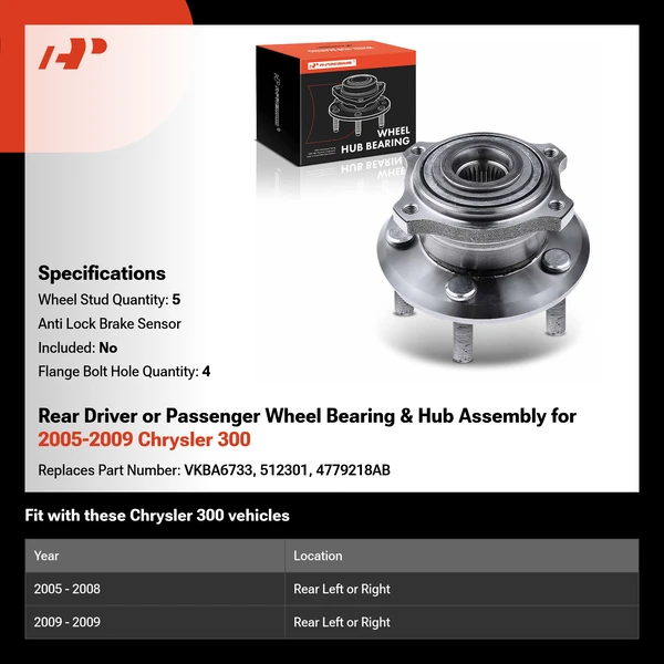 Rear Driver or Passenger Wheel Bearing & Hub Assembly for 2005-2009 Chrysler 300
