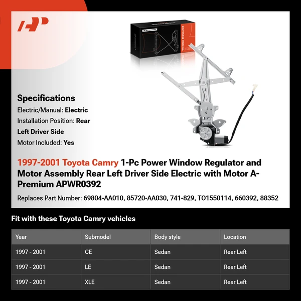 1997-2001 Toyota Camry 1-Pc Power Window Regulator and Motor Assembly Rear Left Driver Side Electric with Motor A-Premium APWR0392