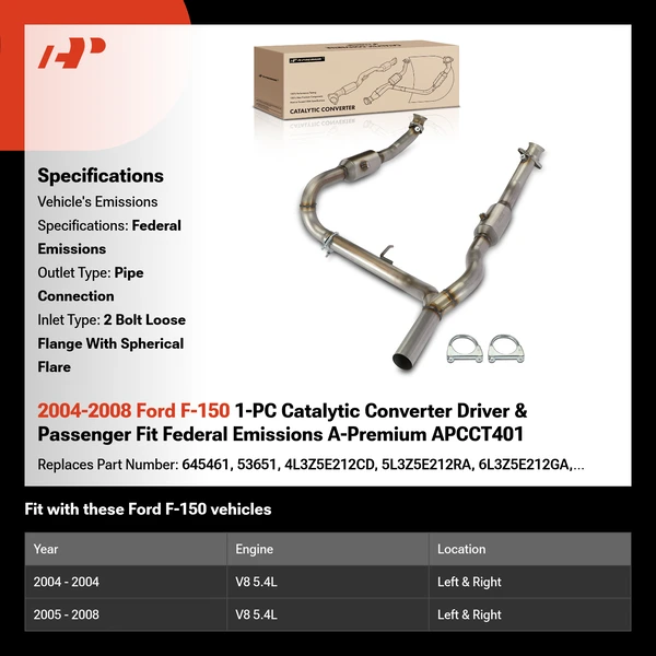 2004-2008 Ford F-150 1-PC Catalytic Converter Driver & Passenger Fit Federal Emissions A-Premium APCCT401