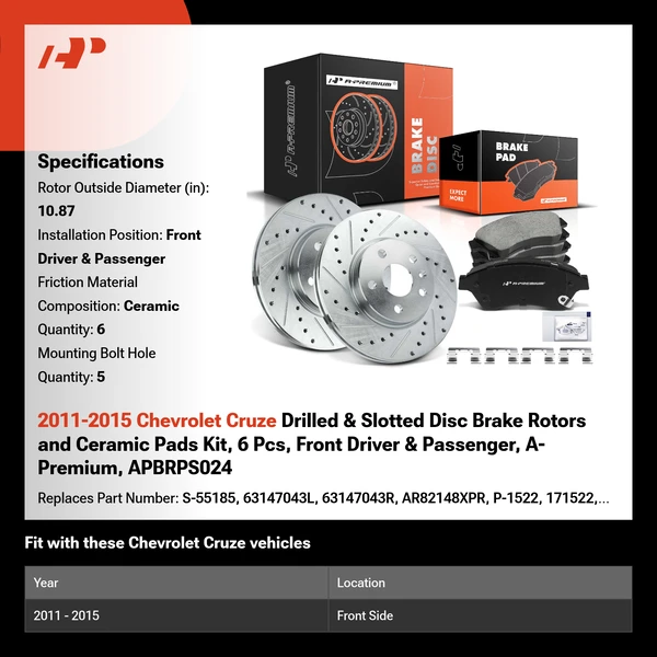 2011-2015 Chevrolet Cruze Drilled & Slotted Disc Brake Rotors and Ceramic Pads Kit, 6 Pcs, Front Driver & Passenger, A-Premium, APBRPS024