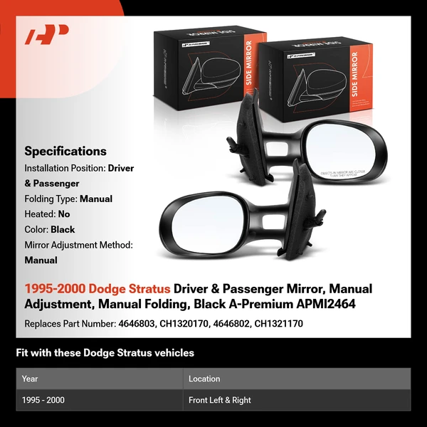 1995-2000 Dodge Stratus Driver & Passenger Mirror, Manual Adjustment, Manual Folding, Black A-Premium APMI2464