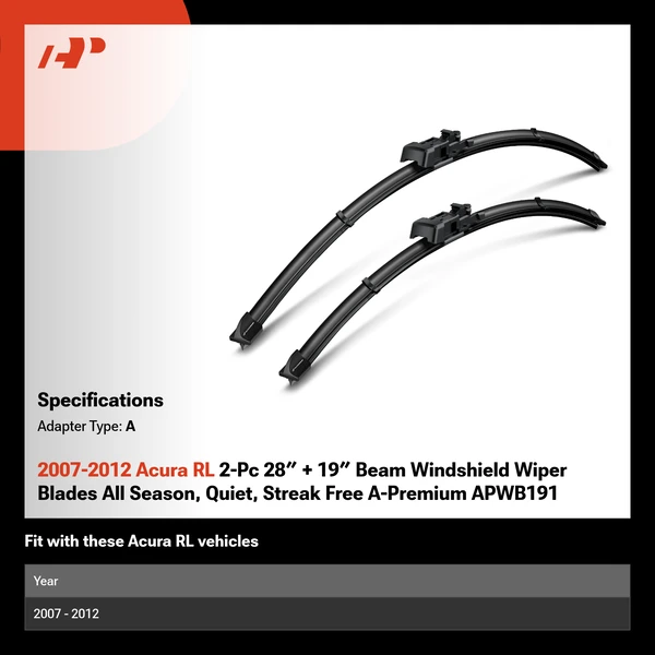2007-2012 Acura RL 2-Pc 28″ + 19″ Beam Windshield Wiper Blades All Season, Quiet, Streak Free A-Premium APWB191