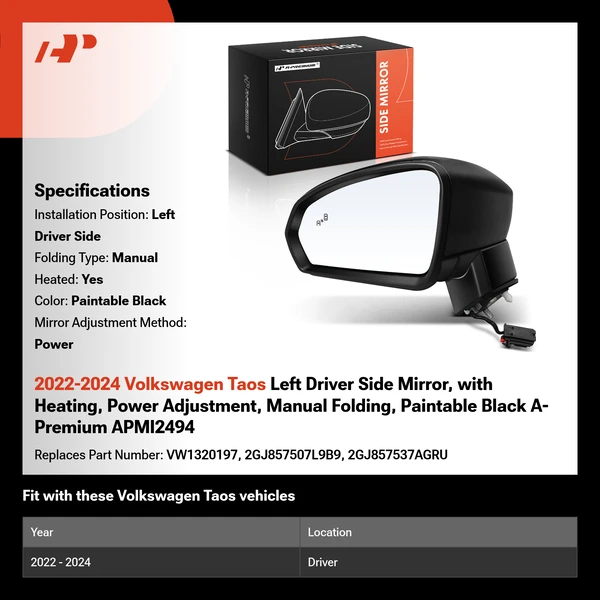 2022-2024 Volkswagen Taos Left Driver Side Mirror, with Heating, Power Adjustment, Manual Folding, Paintable Black A-Premium APMI2494