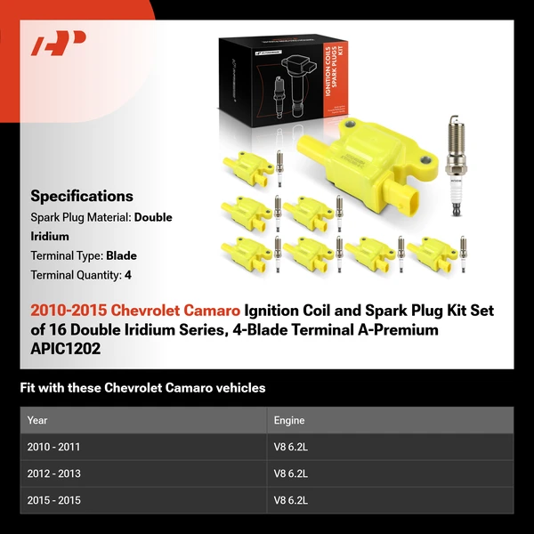 2010-2015 Chevrolet Camaro Ignition Coil and Spark Plug Kit Set of 16 Double Iridium Series, 4-Blade Terminal A-Premium APIC1202