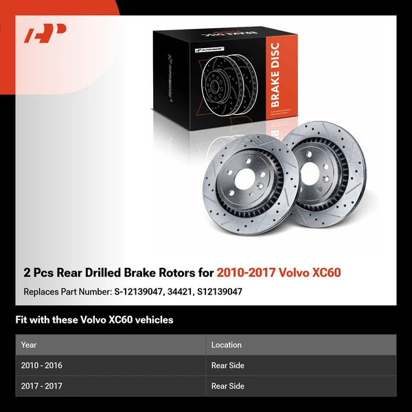 2 Pcs Rear Drilled Brake Rotors for 2010-2017 Volvo XC60